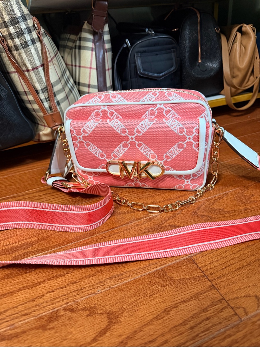 Michael Kors Coral Pink Signature MK Crossbody Bag with Gold Chain